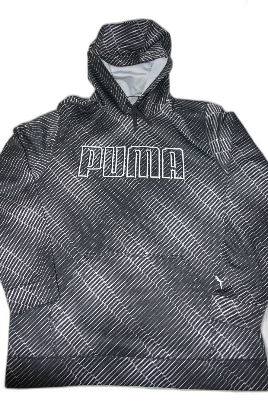 PUMA Hoodie Mens XL Black Pullover Hooded Lined Graphic Print Pockets Logo